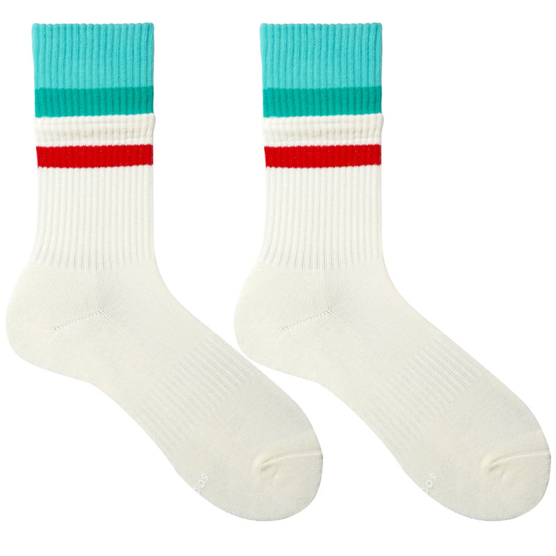 sockkon 高筒长筒双层罗口蓝绿红条纹暖白色运动两条杠棉袜毛巾底
