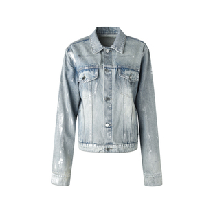 ourhour 手工烫银 水洗蓝直身百搭重工牛仔外套 女春设计感短夹克