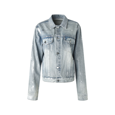ourhour 手工烫银 水洗蓝直身百搭重工牛仔外套 女春设计感短夹克
