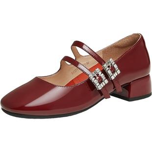 天美意复古玛丽珍皮鞋粗跟浅口单鞋女高跟鞋春夏新款