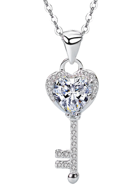 女925银镶锆爱心钥匙如意锁项链