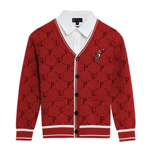 POLOWALK童装男童假两件针织衫2025年秋冬儿童学院风红色纯棉毛衣