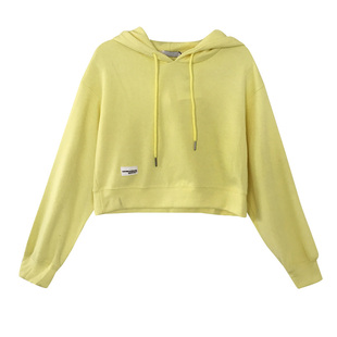 奶油黄短款卫衣女秋高腰百搭淡黄色上衣长袖外套柠檬黄卫衣连帽衫