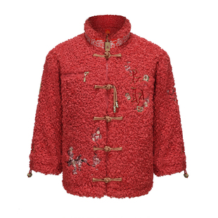 万图岁福童装【花财/红】秋冬新款中国风中式毛绒拜年儿童亲子装