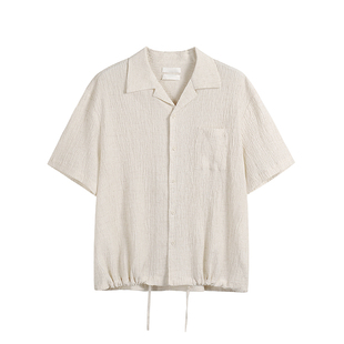 WHIMNOTION 25SS褶皱亚麻下摆可调节抽绳老钱风古巴领短袖衬衫