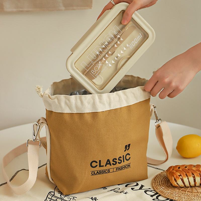 日式帆布拼接加大便当包保温便携袋多功能学生饭盒保鲜上班手提袋