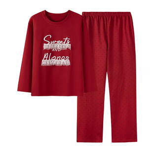 卡之恋睡衣秋女款2026新款冬季长袖加厚纯棉红色蕾丝波点裤家居服