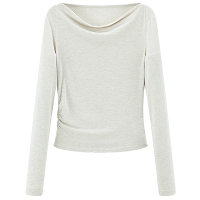 【天丝羊毛】乐町荡领长袖T恤春款抽皱显瘦修身打底衫一字肩上衣