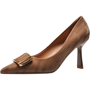 羊皮棕色高跟鞋女2024新款秋季高跟单鞋尖头金属方扣气质高级真皮