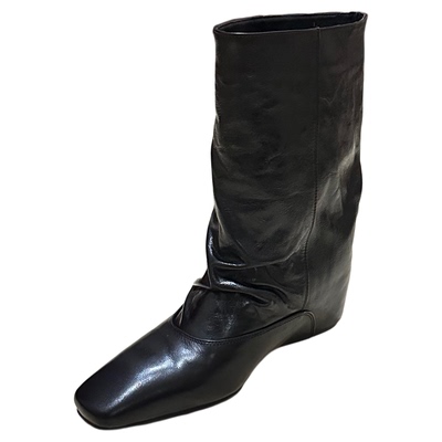 圣德俪尔品牌25冬新款女靴真皮方头平底内增高坡跟中筒堆堆靴短靴