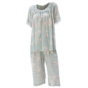 曼诺曼蒂克睡衣女清新素雅印花国民领家居服花边圆领宽松短袖睡裙