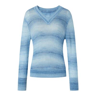 IMM尹默春上乘苏利羊驼毛段染染色条纹日晒蓝V领毛针织衫女