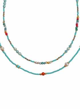 珍珠天然石项链蓝色撞色锁骨链女