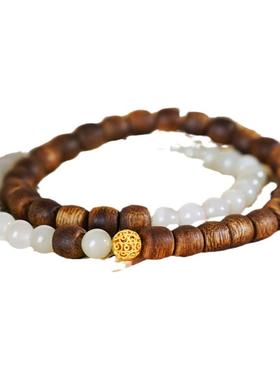 沉水级海南奇楠沉香手串佛珠女款晴水和田玉双圈复古中式手链礼物