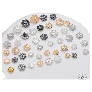 14K包金保色锆石花托手链串珠diy饰品配件镂空花帽枪黑隔珠帽托