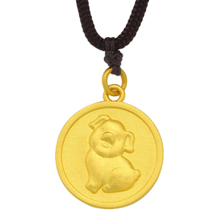 999足金古法黄金定制实心生肖浮雕小猪字母吊坠猪猪挂件圆形金牌