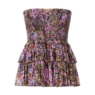 商场同款 摩萨克夏一字领荷叶边碎花衬衫小衫短上衣抹胸女