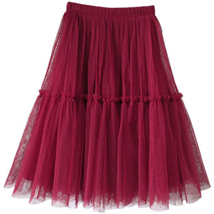 白色蓬蓬蛋糕裙百褶显瘦及膝网纱裙黑色裙子小个子酒红色半身纱裙