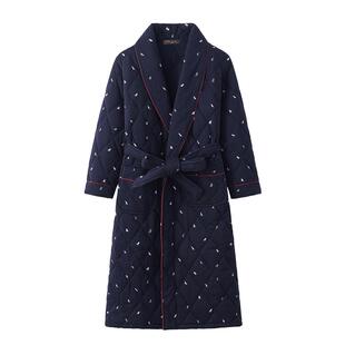 秋冬季男士睡袍浴袍加厚保暖睡衣纯棉夹棉长款加大码全棉浴衣男款