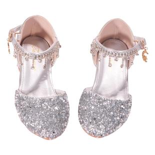水晶鞋女儿童高跟公主鞋女童配礼服银白色模特演出中大童闪亮鞋子