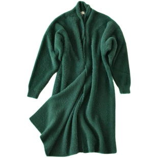 欧美新款大牌水貂毛衣大码宽松灯笼蝙蝠袖加厚长款针织开衫外套女