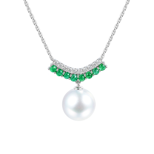 天然南洋澳白珍珠项链18K金项链折扇新中式祖母绿钻石单颗珠吊坠