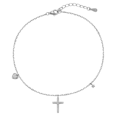 纯银镀金满钻十字爱心星星脚链