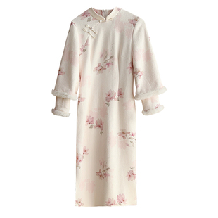 落樱【自制款】新中式荷花清雅大码胖mm加绒加厚气质新中式旗袍裙