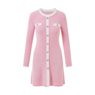 莱茵福莱尔2025年开春粉色针织气质长袖修身香风连衣裙