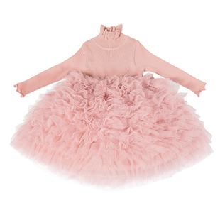 秋冬女童粉色连衣裙冬装中大童儿童针织蓬蓬裙子新年小宝宝公主裙