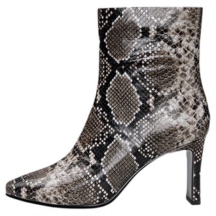 【官方奥莱】灵梅陈高光鞋仿蛇皮短靴高跟鞋粗跟牛皮印花皮靴女鞋