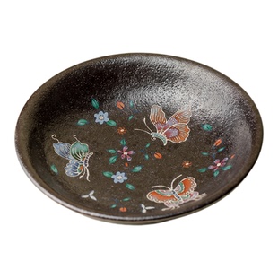 束刻日式黑志野烧粗陶圆口壶承粉彩蝴蝶养壶干泡盘禅意茶托壶托盘