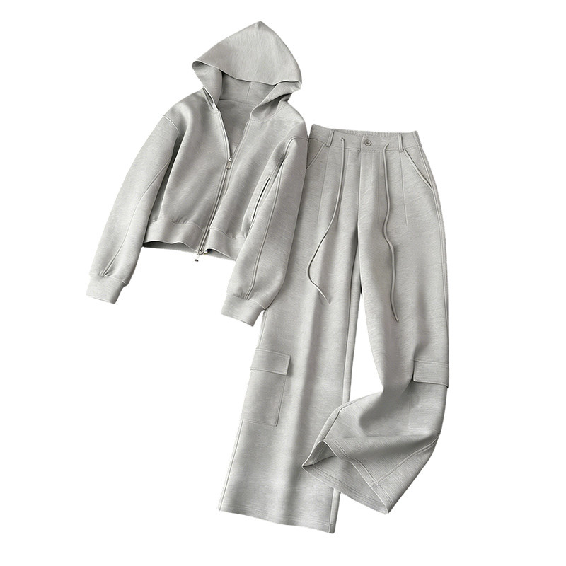连帽双拉链卫衣阔腿裤休闲套装女