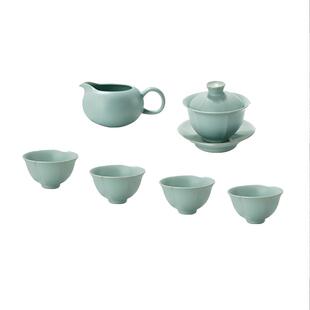 青澹墨雅汝窑三才盖碗茶具套装家用景德镇陶瓷手工复古汝瓷礼盒装
