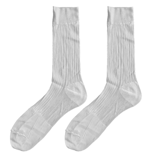 凹凸先生男丝袜顺滑商务锦纶条纹白丝袜中筒复底男袜简约透气夏季