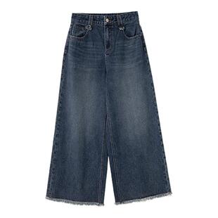 时然大码复古阔腿裤微胖mm春季高腰牛仔裤新品耐磨休闲直筒裤子