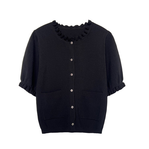 3ts夏季法式木耳边短袖针织开衫女修身显瘦单排扣上衣