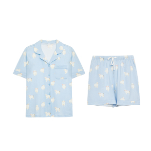爱美丽撸猫棉羊羊满印睡衣女针织翻领短袖短裤家居服套装夏季新款