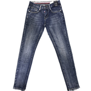 18潮男春新款韩版修身弹力小脚做旧蓝贴标牛仔裤社会小伙chic网红