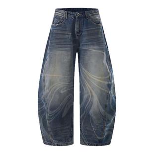 日本冈山牛仔裤加州潮牌波浪纹复古做旧弯刀牛仔裤男款宽松阔腿裤