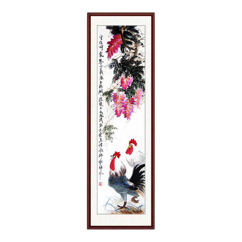 纯手绘国画紫藤葫芦公鸡真迹玄关