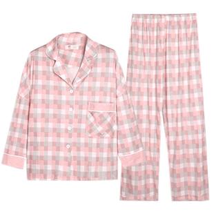 睡衣女士春秋季纯棉长袖家居服夏季薄款韩版格子清新两件套装
