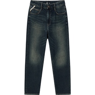 森马牛仔裤男冬莱卡弹力赤耳丹宁宽松直筒裤复古水洗时尚提花裤子