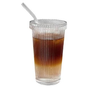 竖纹咖啡杯ins风带盖吸管玻璃杯家用女高颜值奶茶拿铁杯喝水杯子
