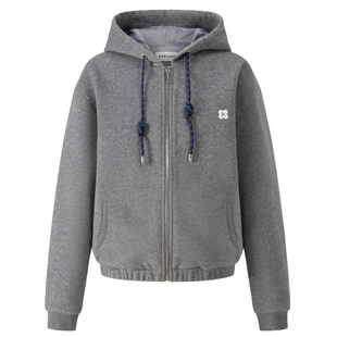 HERLIAN 2025秋冬新品女士绵羊毛呢子格纹拼色抽绳连帽外套