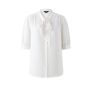 PRICH简约灵动飘带领纯色短袖衬衫2026春季新款垂坠气质上衣女