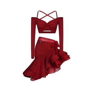 美辰[吉普赛女郎]拉丁舞服装高级感练功服一字肩鱼骨裙套装成人女