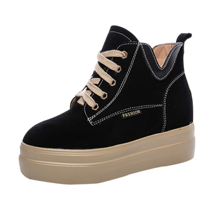 黑色真皮内增高女鞋秋冬新款休闲运动马丁靴小码高帮厚底松糕短靴