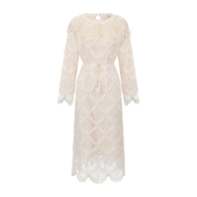 脸儿艺 重磅手工 立体毛茸茸 通身法式刺绣钉珠雪绒花 宽松连衣裙