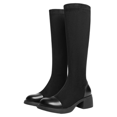 红蜻蜓弹力长靴女秋冬季新款女鞋靴子增高粗跟长筒靴黑色瘦瘦靴